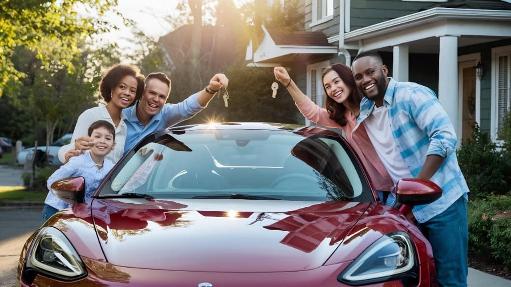 Happy family celebrating their new car purchase with keys — Finconnex car loan